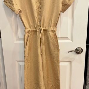 Elan Linen Blend Drawstring Tan Jumpsuit